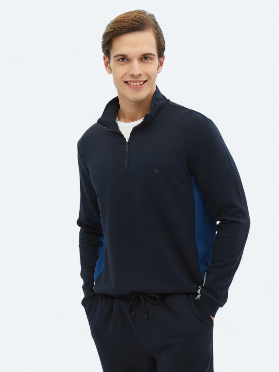 Navy Blue Turtleneck Plain Sweatshirt - 1