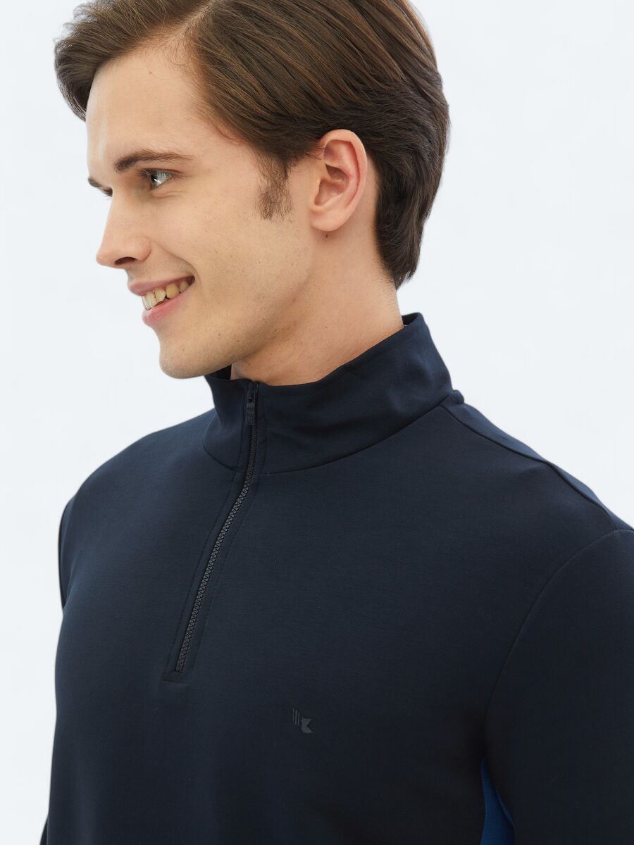 Navy Blue Turtleneck Plain Sweatshirt - 4
