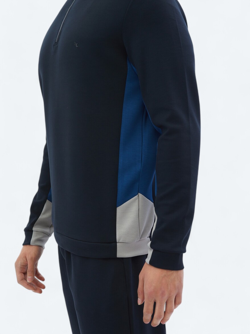 Navy Blue Turtleneck Plain Sweatshirt - 5