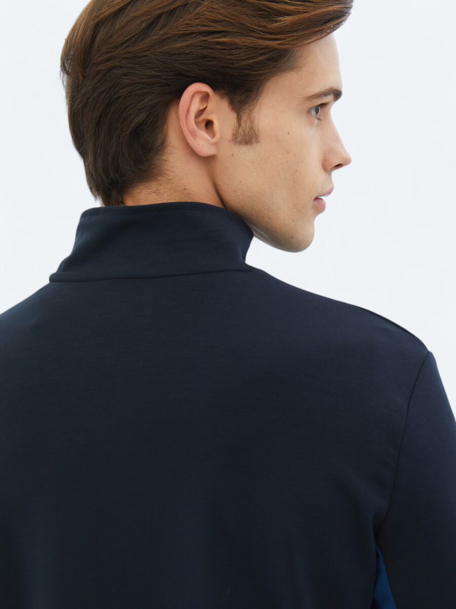 Navy Blue Turtleneck Plain Sweatshirt - 6