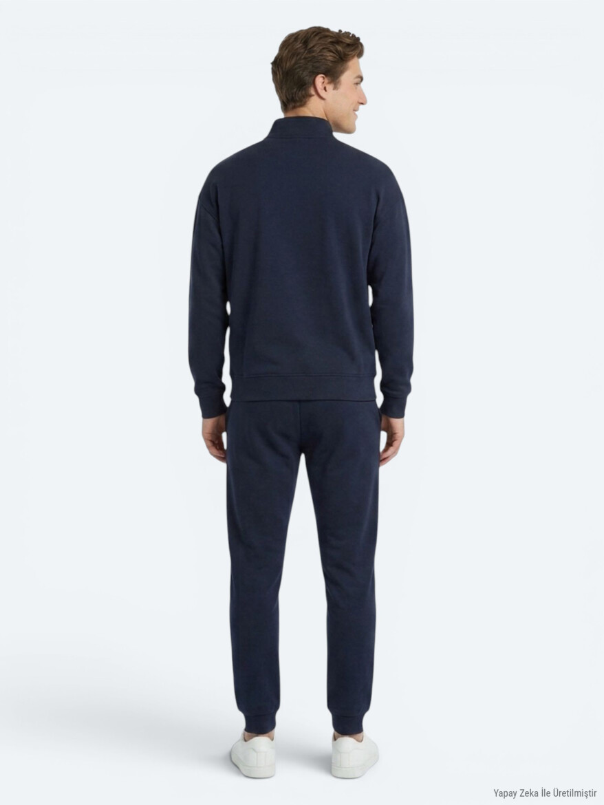 Navy Blue Turtleneck Plain Sweatshirt - 4