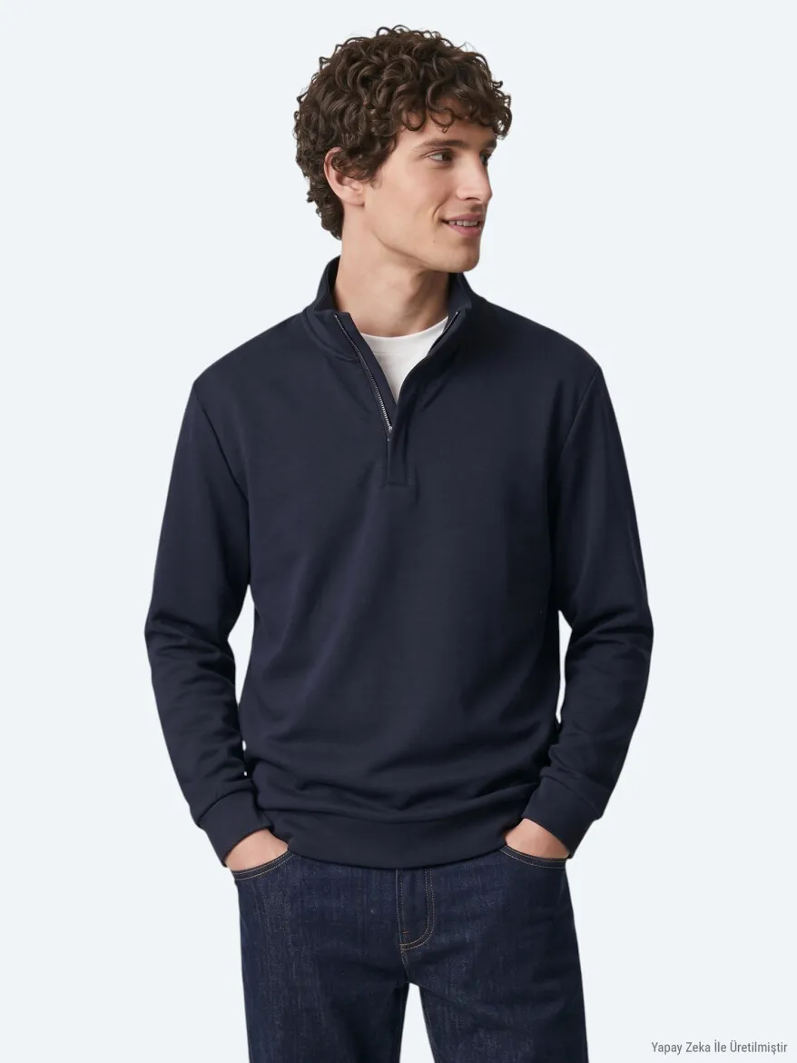 Navy Blue Turtleneck Plain Sweatshirt - 4