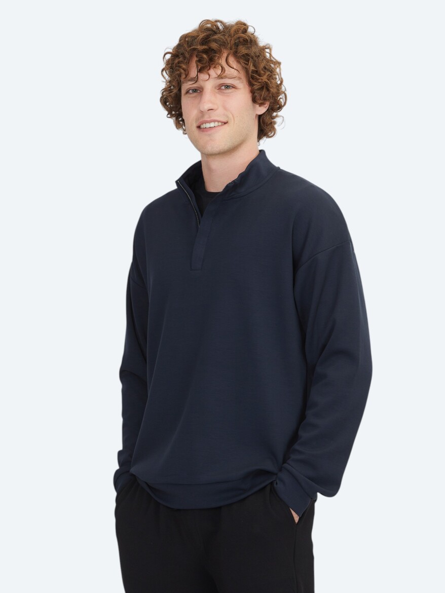 Navy Blue Turtleneck Plain Sweatshirt - 1