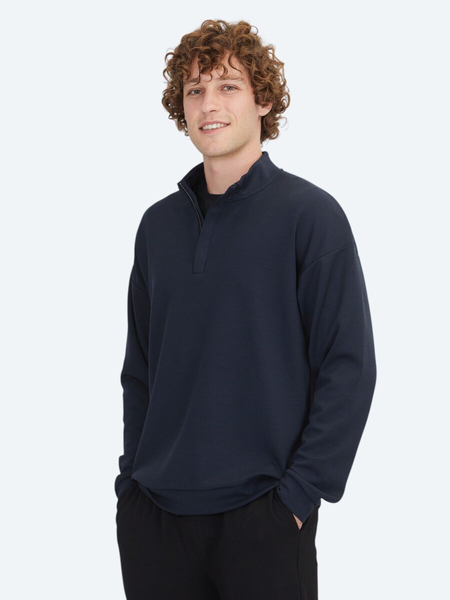 Navy Blue Turtleneck Plain Sweatshirt - 1