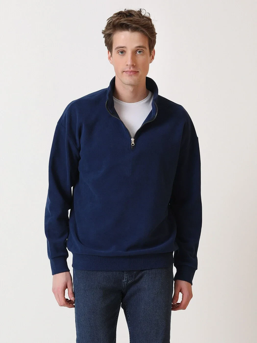 Navy Blue Turtleneck Printed Sweatshirt - 1