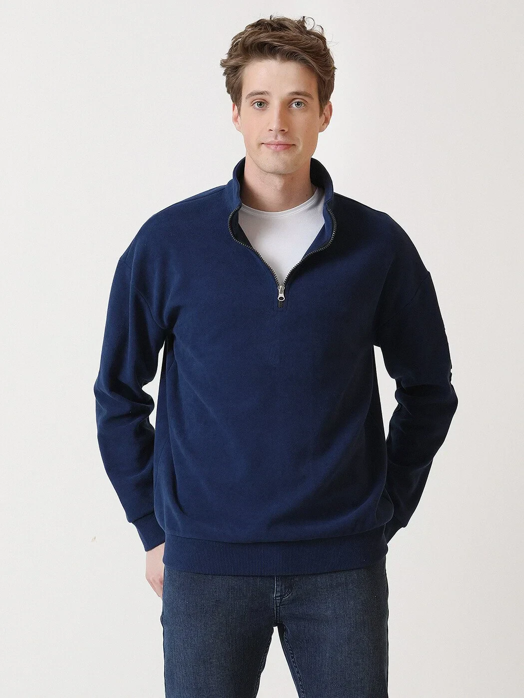 Navy Blue Turtleneck Printed Sweatshirt - 3