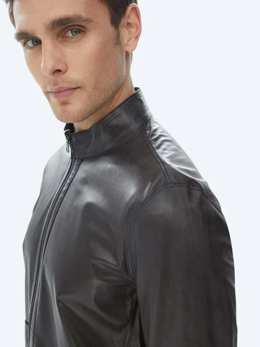 Navy Blue Turtleneck Smart Casual Double-Sided Leather Coat - 6