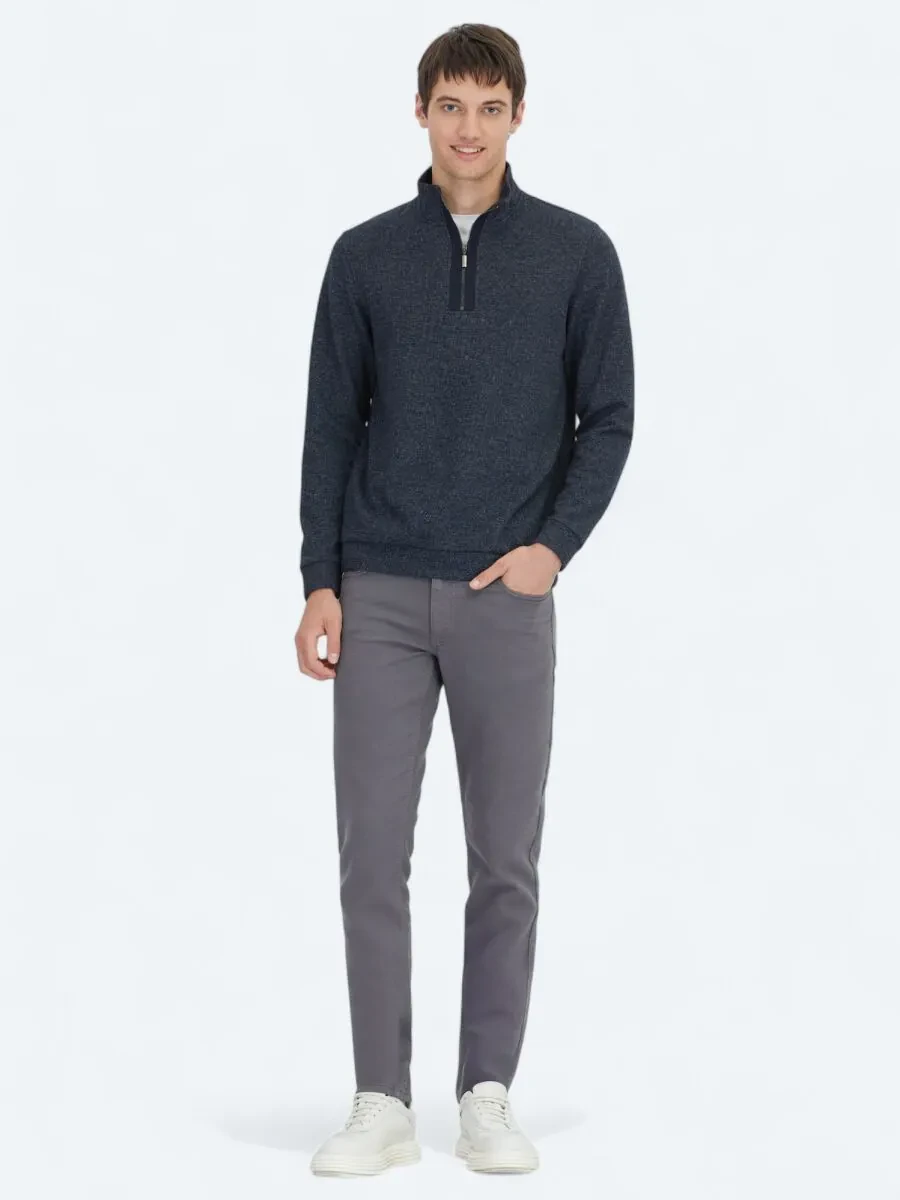 Navy Blue Turtleneck Striped Sweatshirt - 2