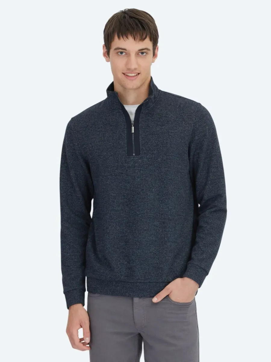 Navy Blue Turtleneck Striped Sweatshirt - 1