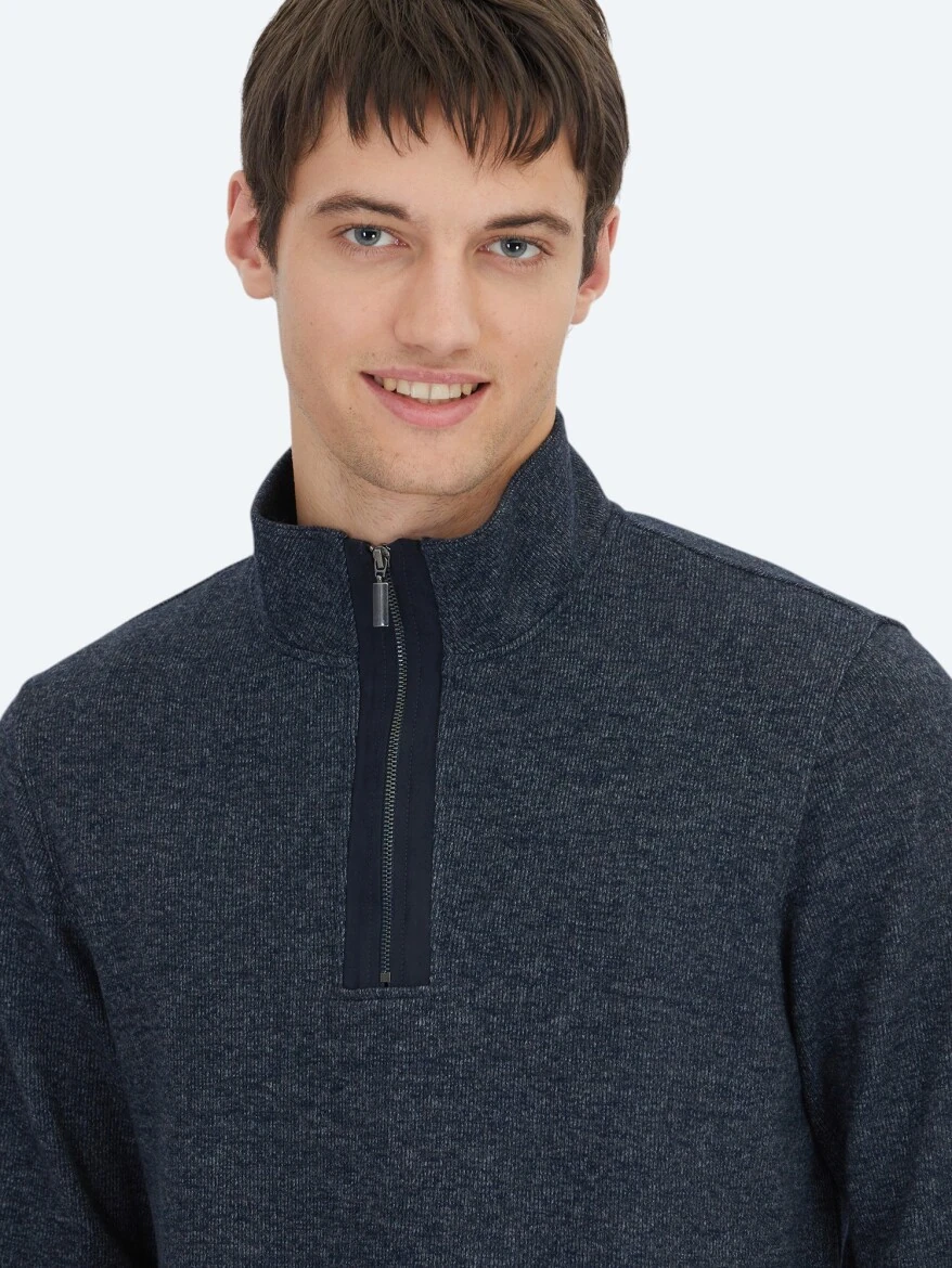 Navy Blue Turtleneck Striped Sweatshirt - 4