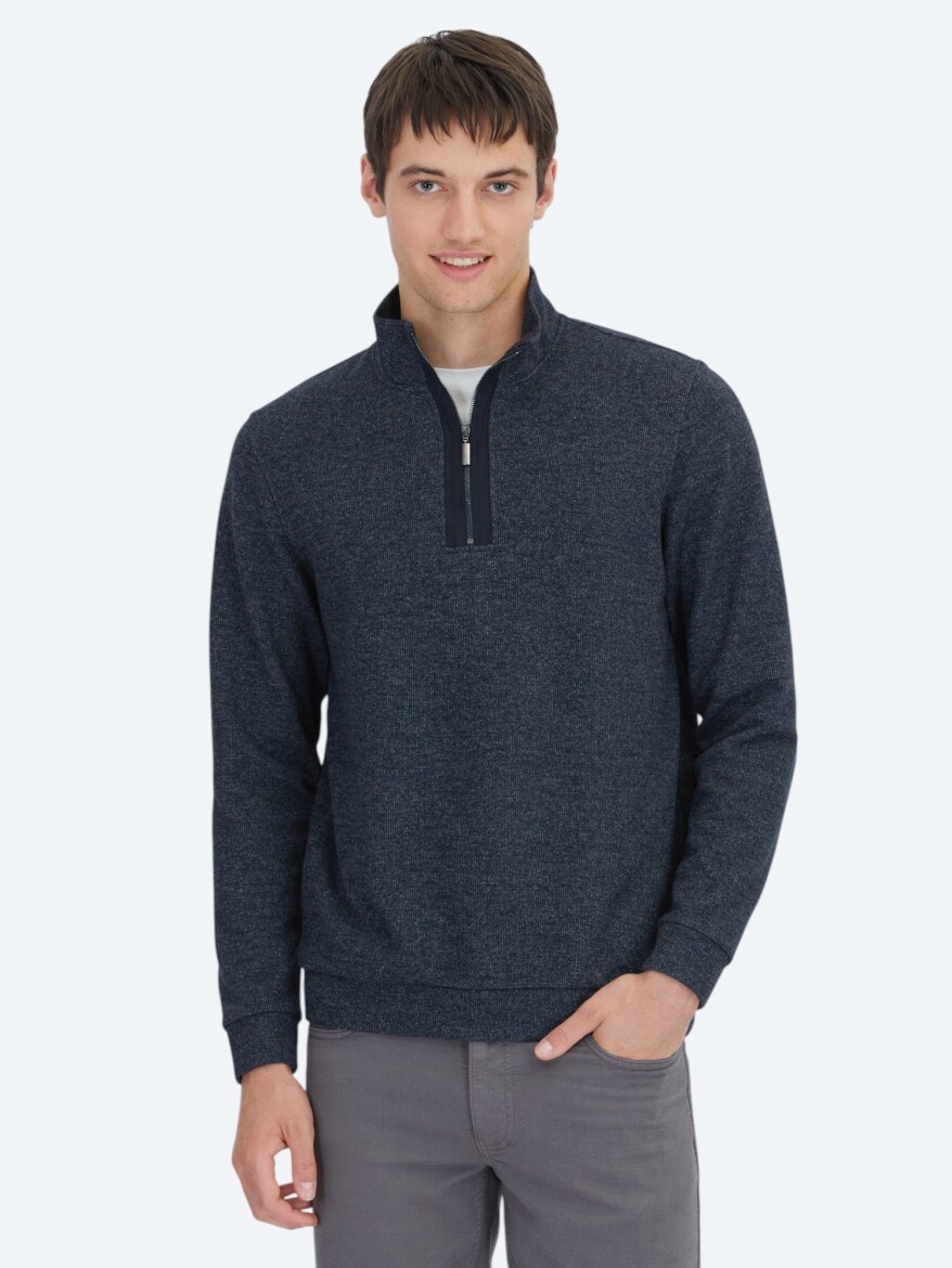 Navy Blue Turtleneck Striped Sweatshirt - 1