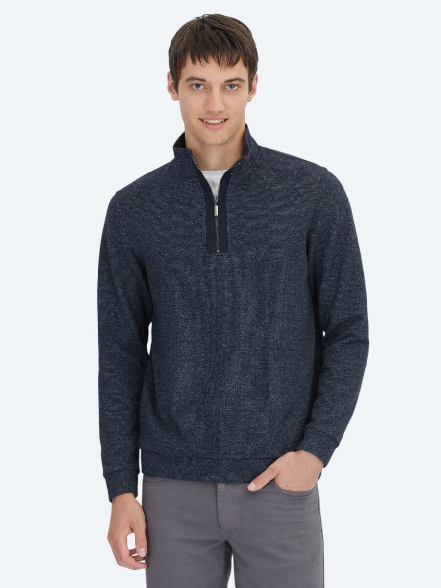 Navy Blue Turtleneck Striped Sweatshirt - 1