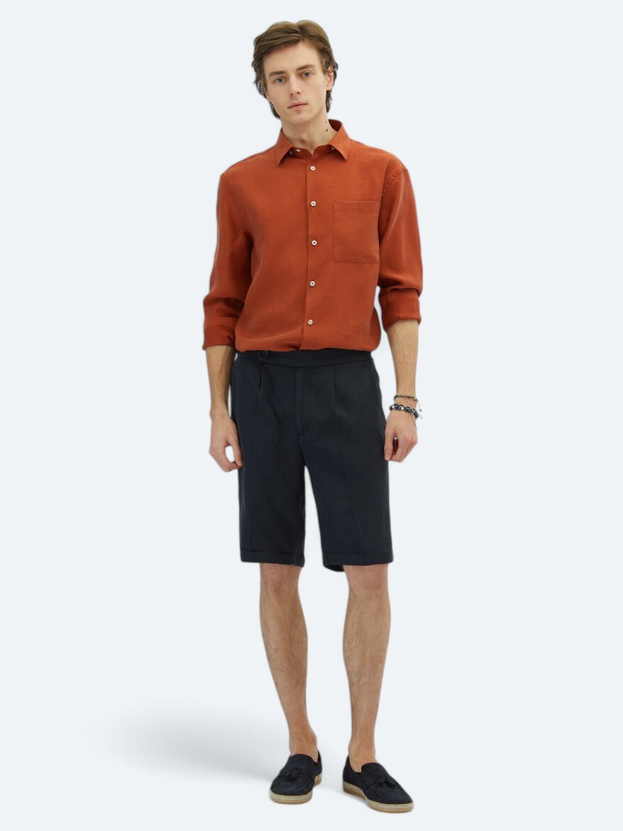 Navy Blue Weaving Carrot Fit Casual Bermuda - 1