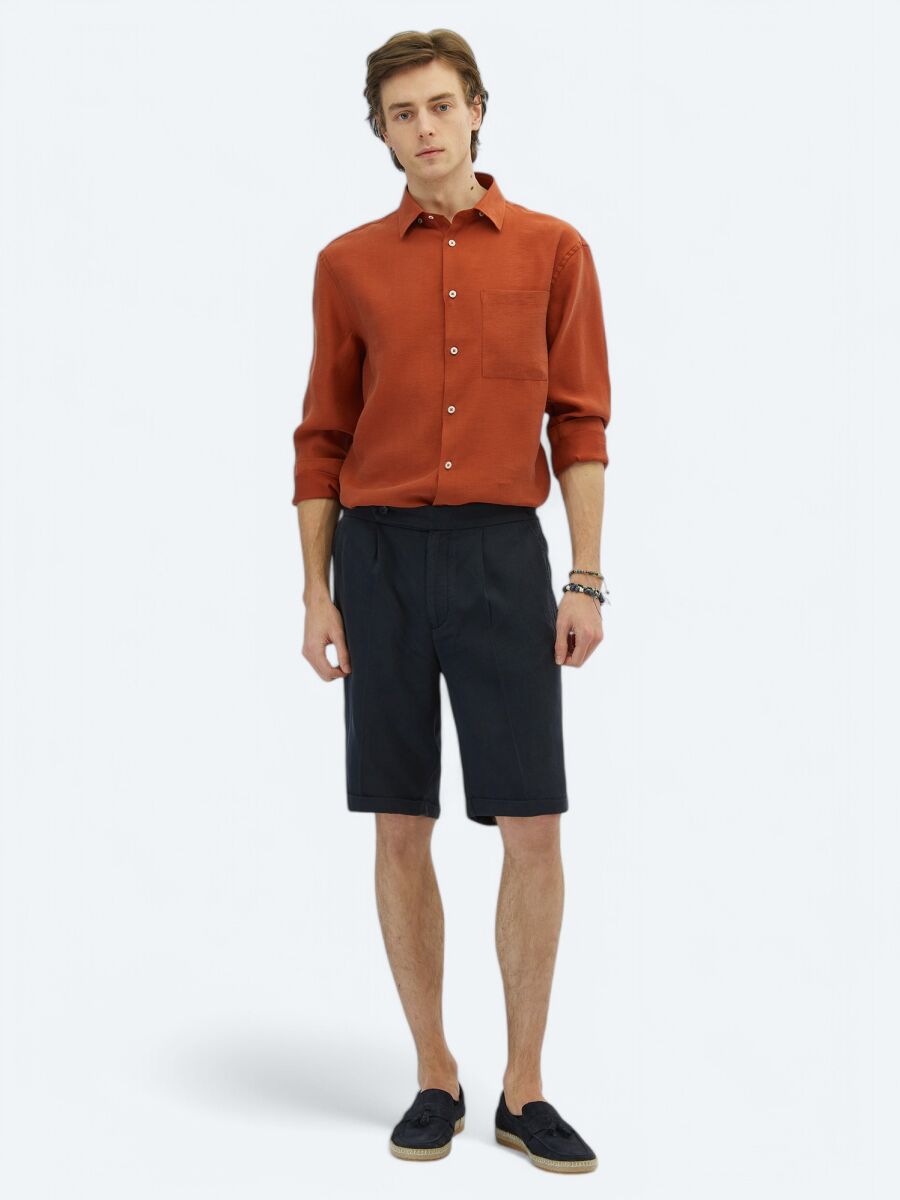 Navy Blue Weaving Carrot Fit Casual Bermuda - 1