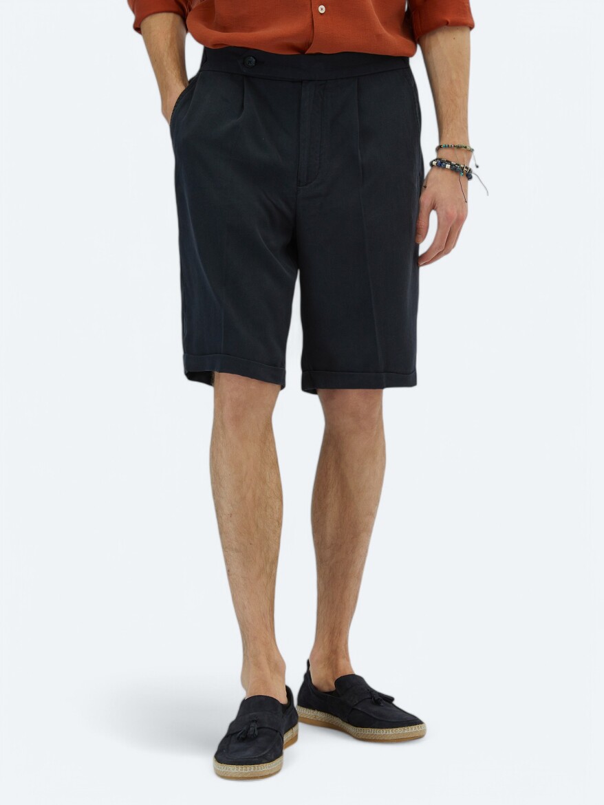 Navy Blue Weaving Carrot Fit Casual Bermuda - 2