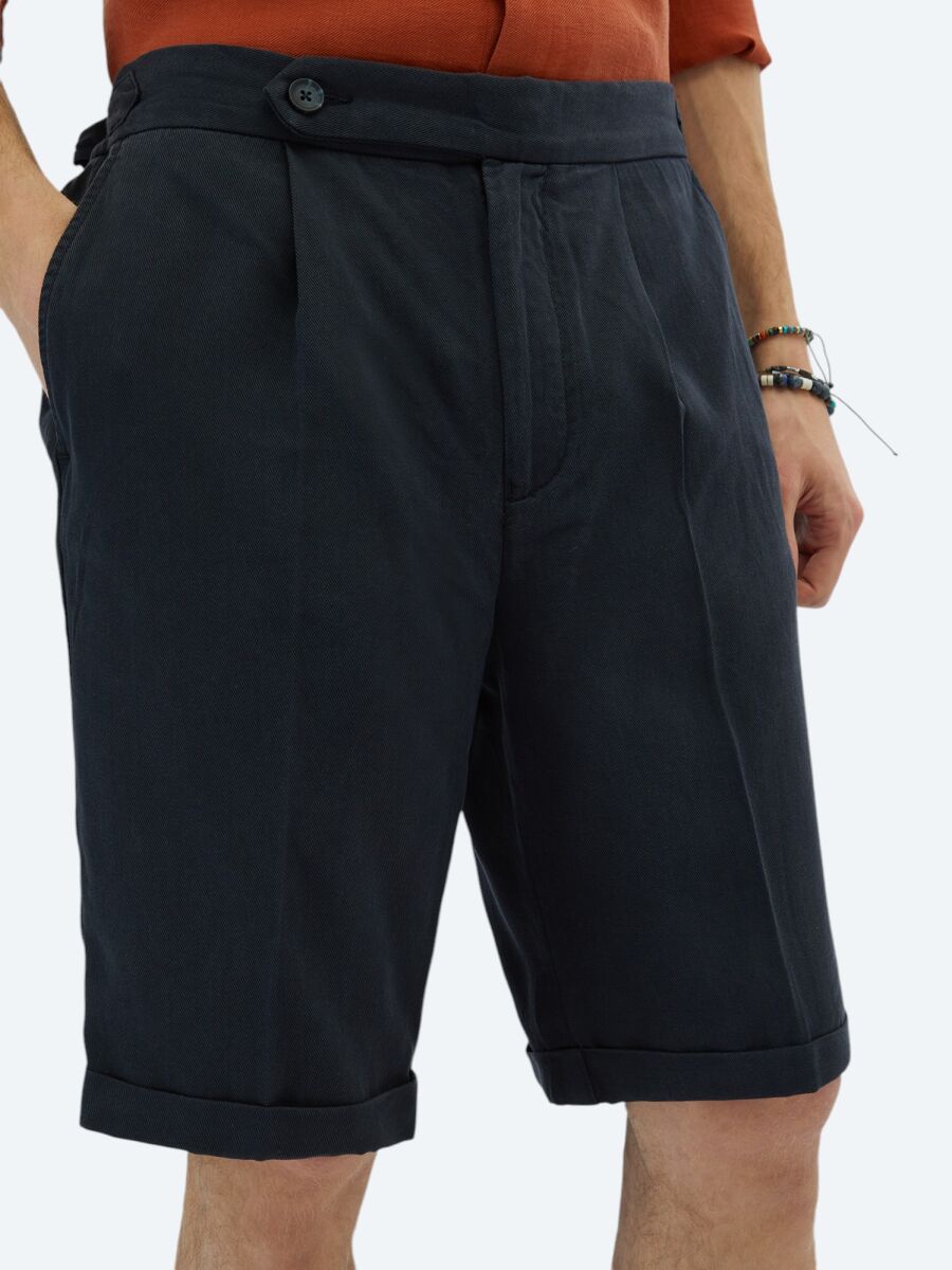 Navy Blue Weaving Carrot Fit Casual Bermuda - 3