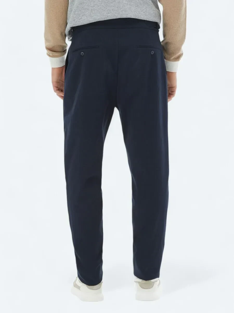 Navy Blue Weaving Carrot Fit Casual Cotton Blended Trousers - 6