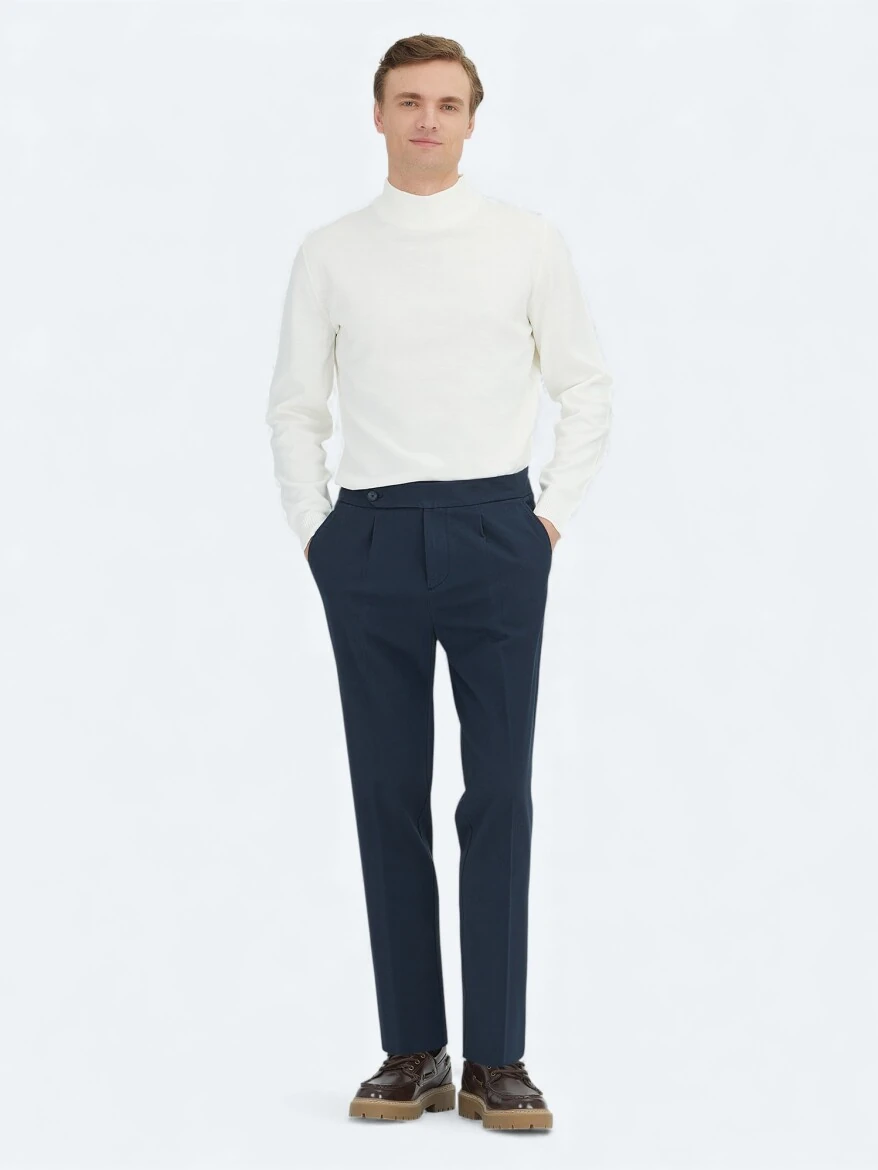 Navy Blue Weaving Carrot Fit Casual Cotton Blended Trousers - KİP