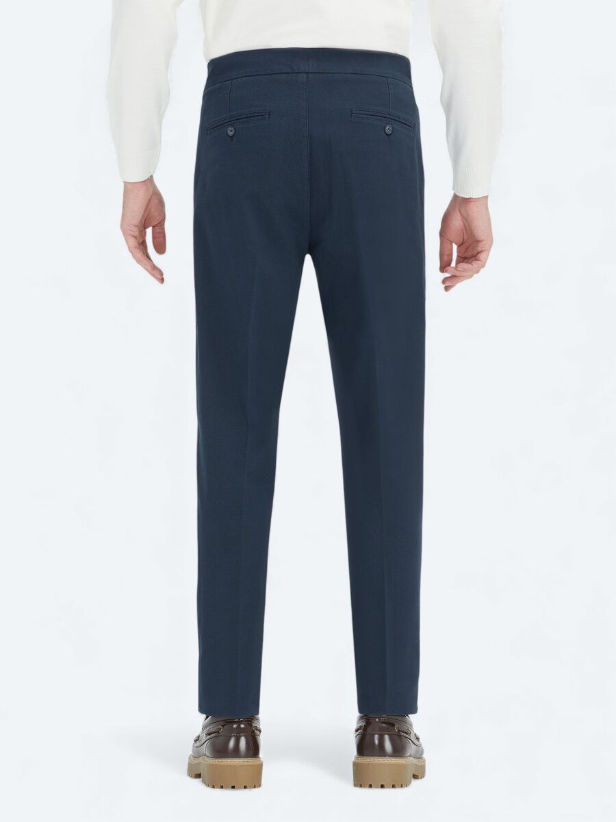 Navy Blue Weaving Carrot Fit Casual Cotton Blended Trousers - 4