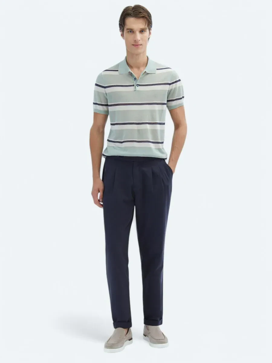 Navy Blue Weaving Carrot Fit Casual Cotton Blended Trousers - 1