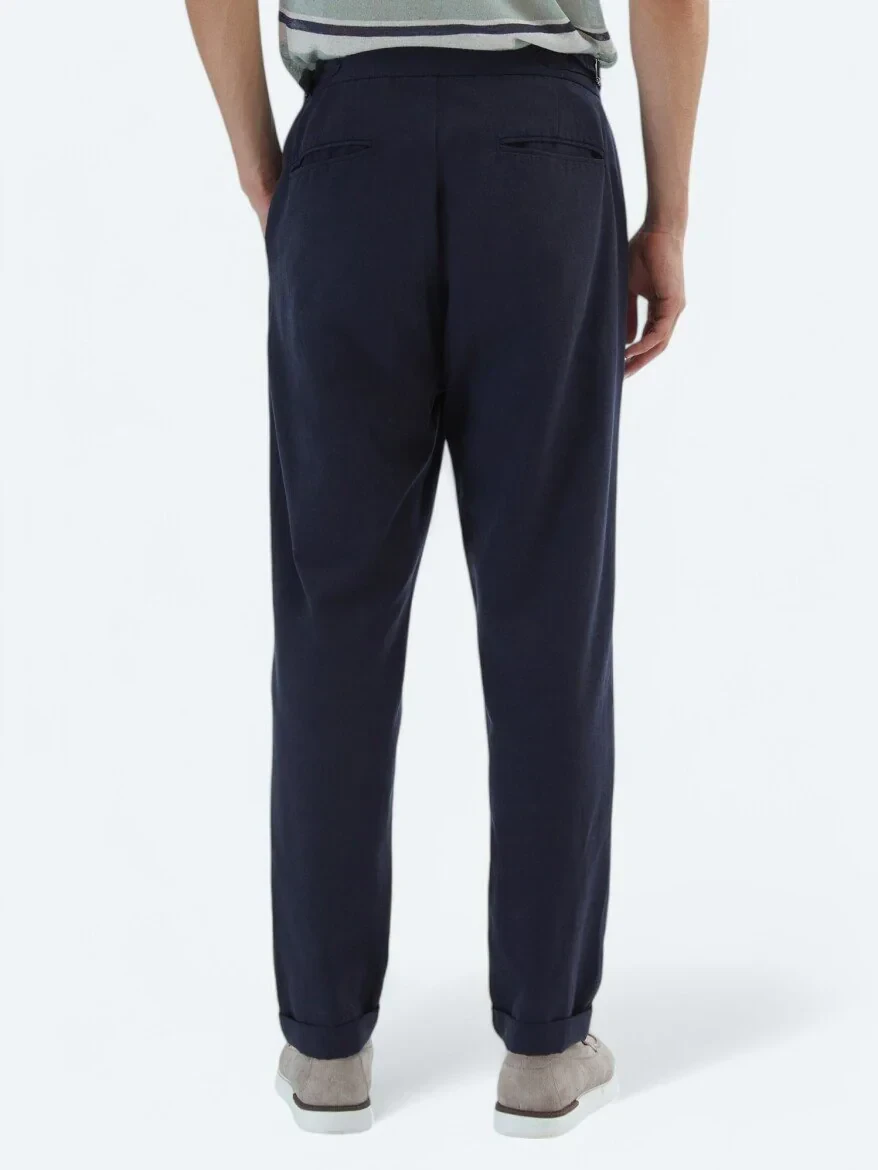 Navy Blue Weaving Carrot Fit Casual Cotton Blended Trousers - 5