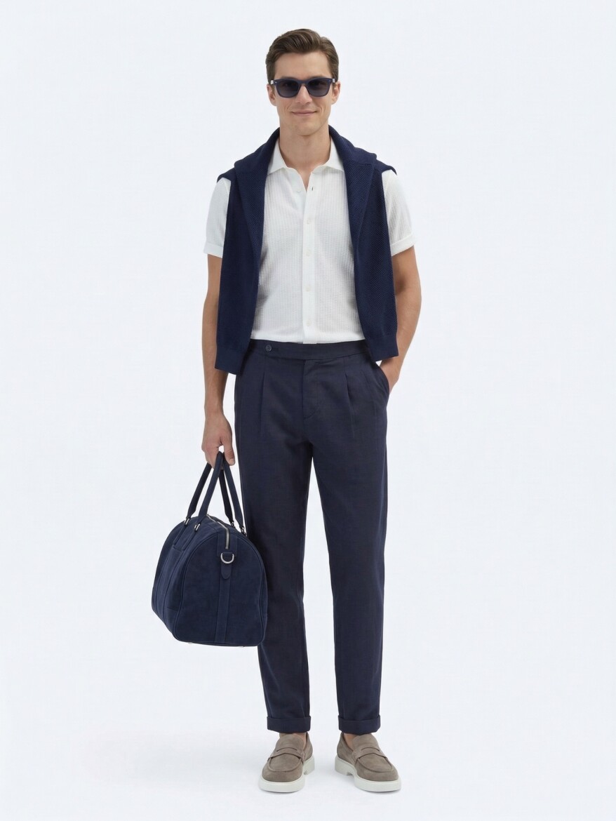 Navy Blue Weaving Carrot Fit Casual Cotton Blended Trousers - 3