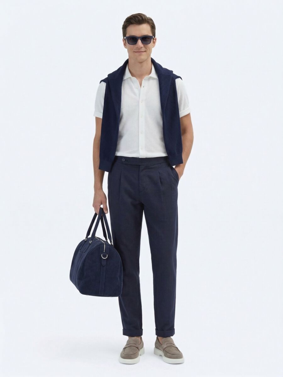 Navy Blue Weaving Carrot Fit Casual Cotton Blended Trousers - 3