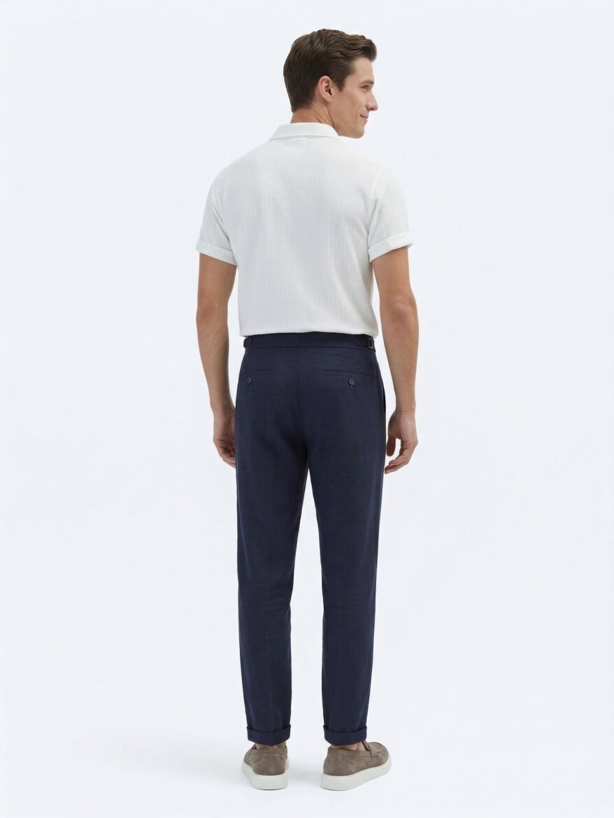 Navy Blue Weaving Carrot Fit Casual Cotton Blended Trousers - 4