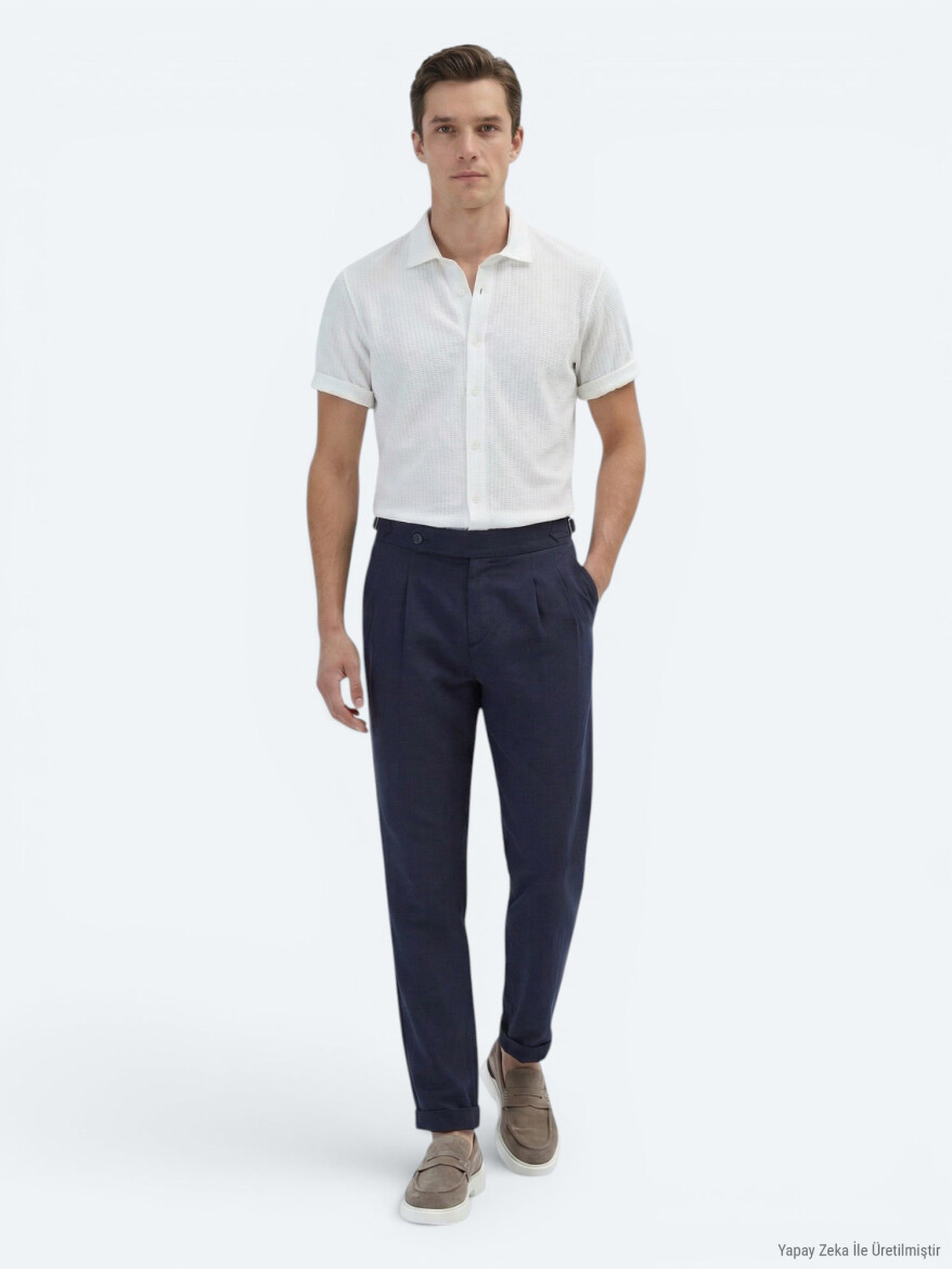 Navy Blue Weaving Carrot Fit Casual Cotton Blended Trousers - 1