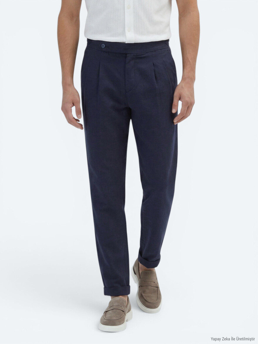 Navy Blue Weaving Carrot Fit Casual Cotton Blended Trousers - 2