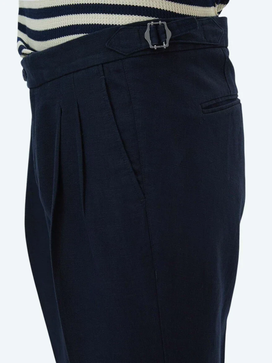 Navy Blue Weaving Carrot Fit Casual Trousers 
