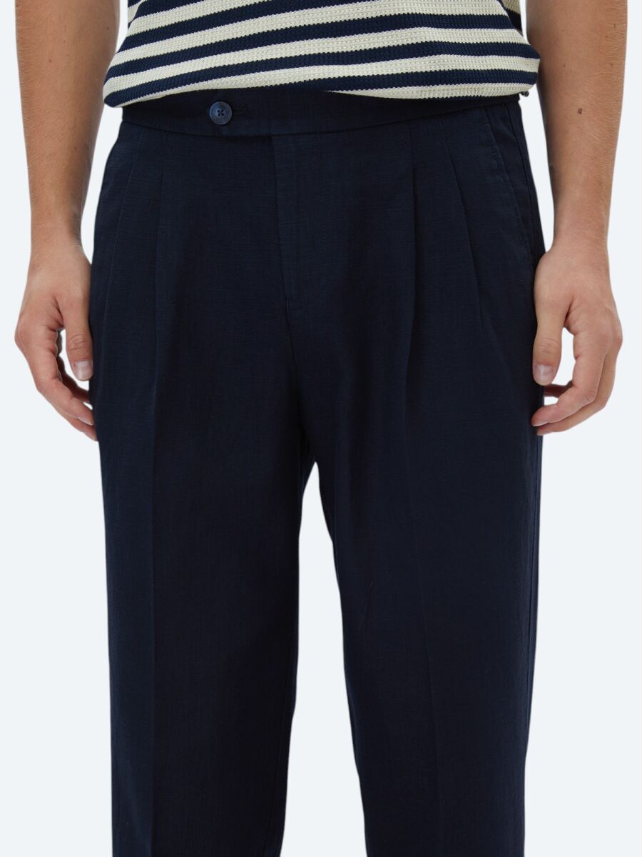 Navy Blue Weaving Carrot Fit Casual Trousers - 3