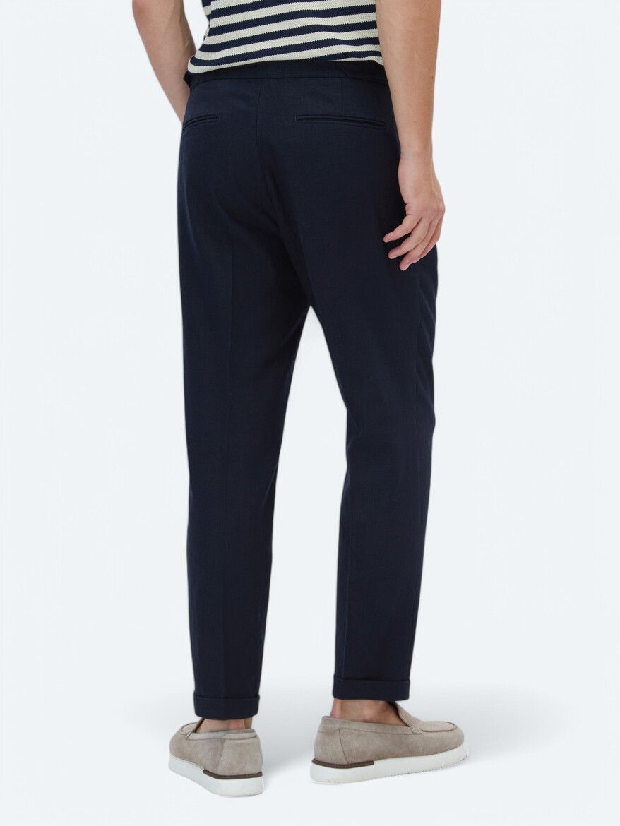 Navy Blue Weaving Carrot Fit Casual Trousers - 5