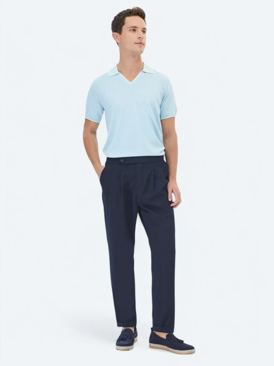 Navy Blue Weaving Carrot Fit Smart Casual Trousers - 1