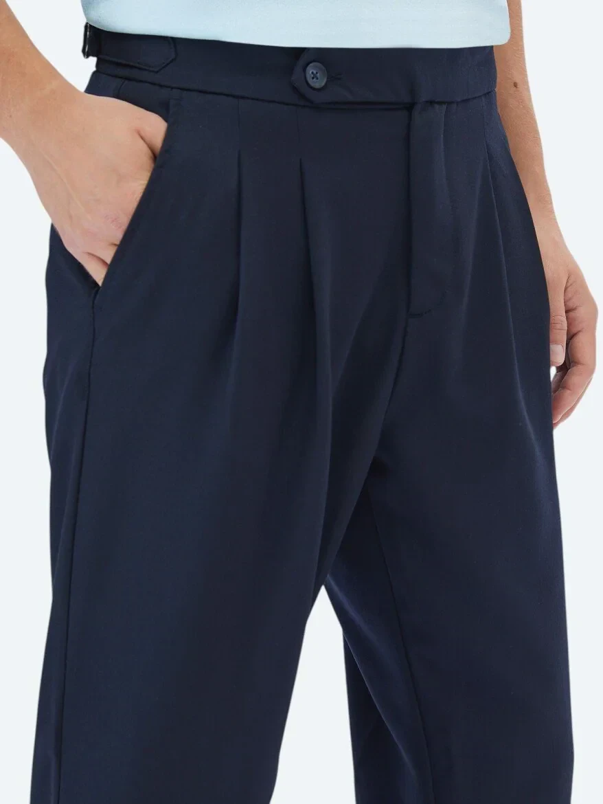 Navy Blue Weaving Carrot Fit Smart Casual Trousers - 4
