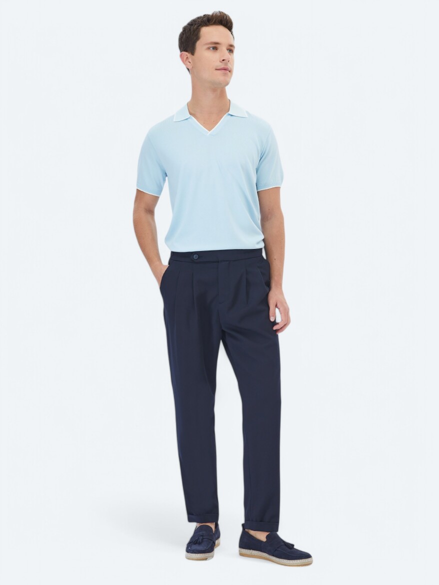 Navy Blue Weaving Carrot Fit Smart Casual Trousers 