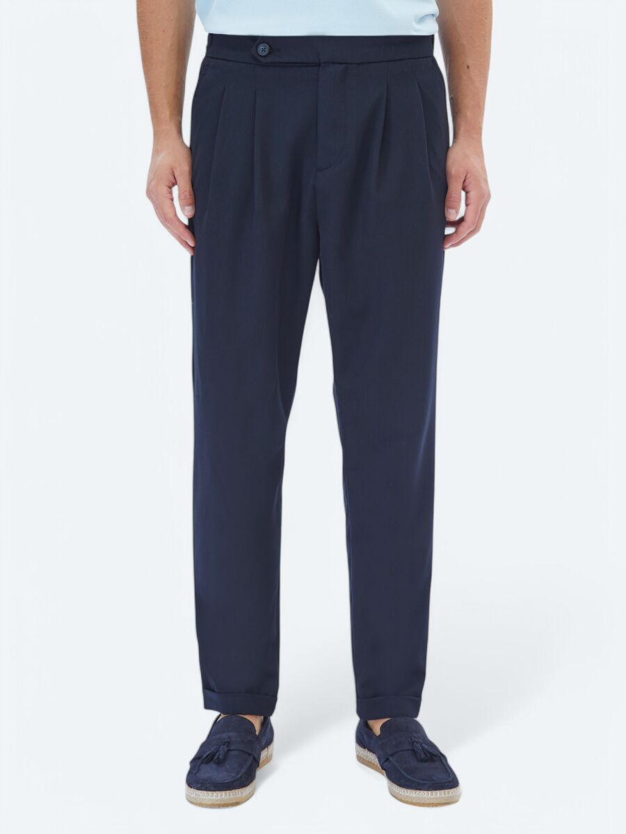 Navy Blue Weaving Carrot Fit Smart Casual Trousers - 2