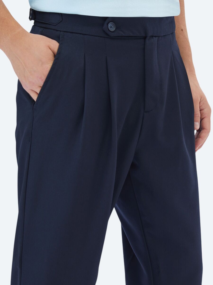 Navy Blue Weaving Carrot Fit Smart Casual Trousers - 4