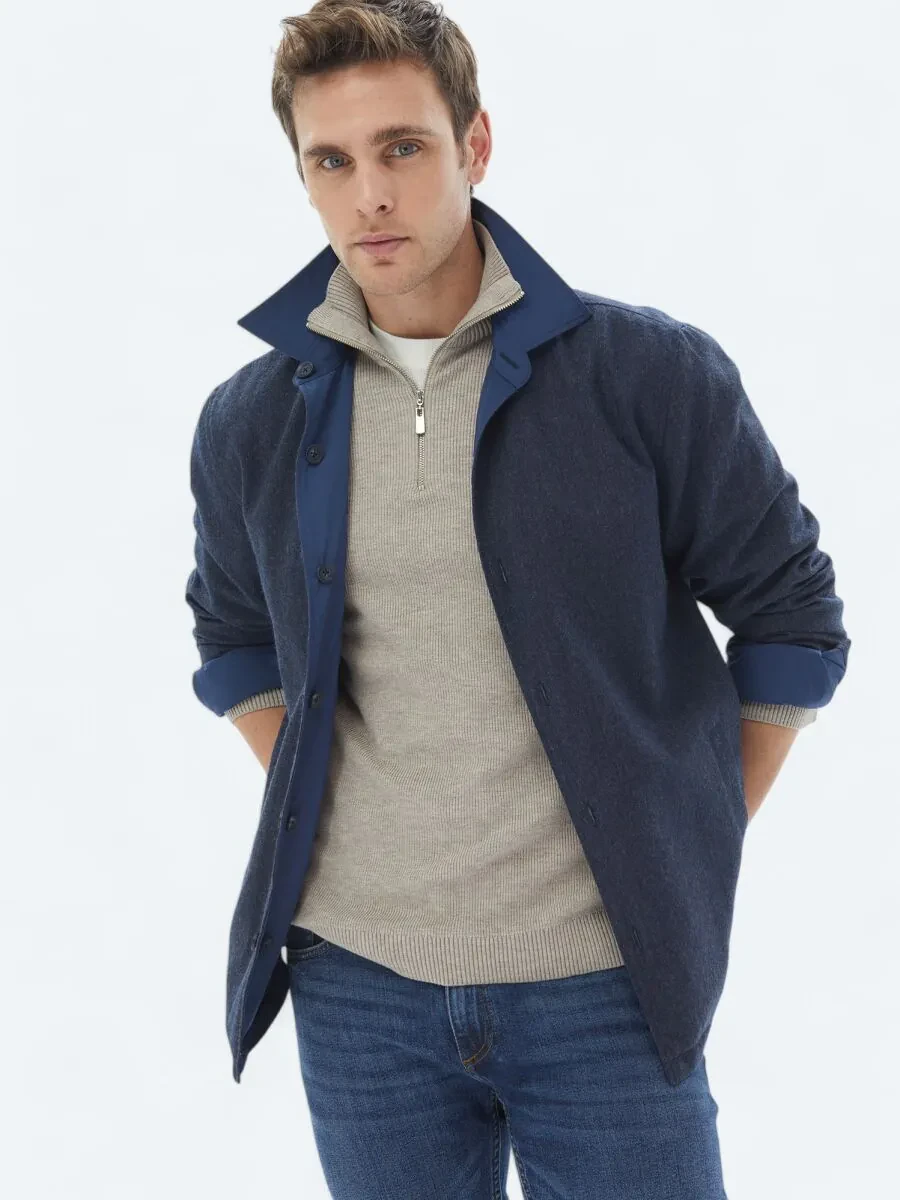 Navy Blue Weaving Coat - 3