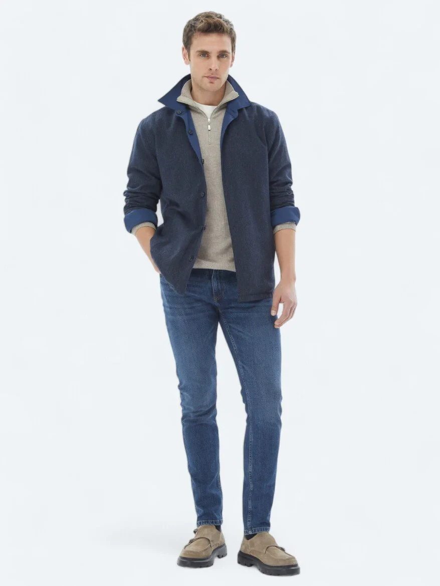 Navy Blue Weaving Coat - 7