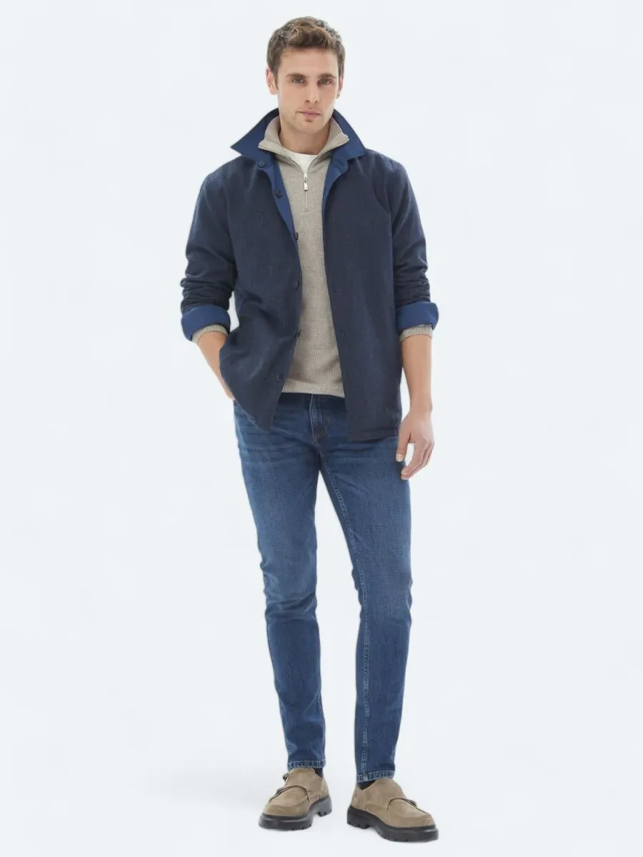 Navy Blue Weaving Coat - 7