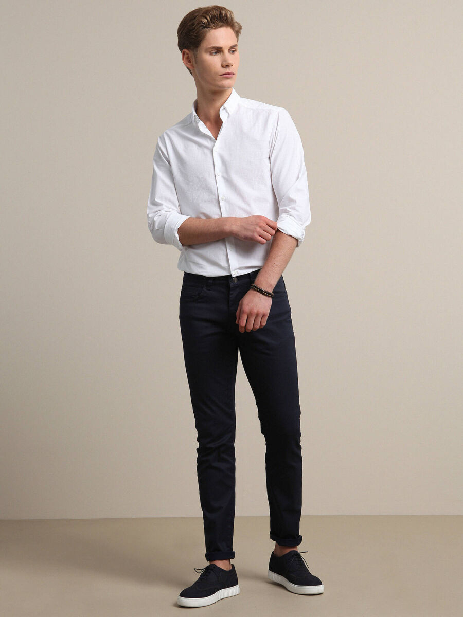 Navy Blue Weaving Fitted Fit Casual Cotton Blended Trousers - 4