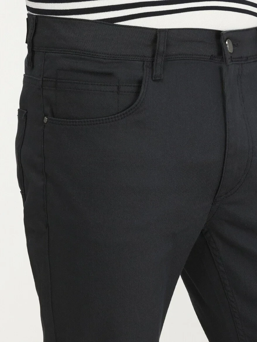 Navy Blue Weaving Fitted Fit Casual Cotton Blended Trousers - 3