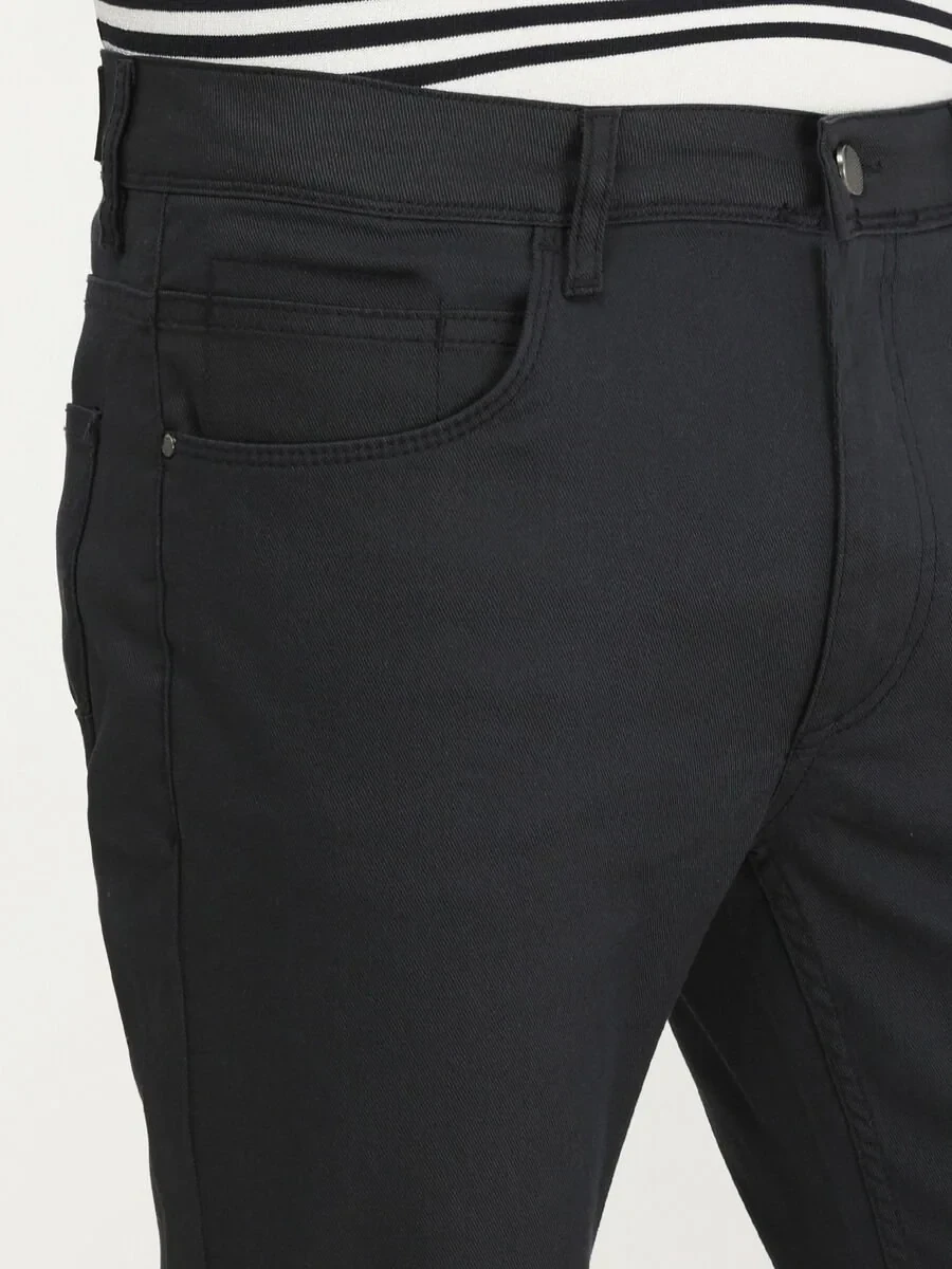 Navy Blue Weaving Fitted Fit Casual Cotton Blended Trousers - 3