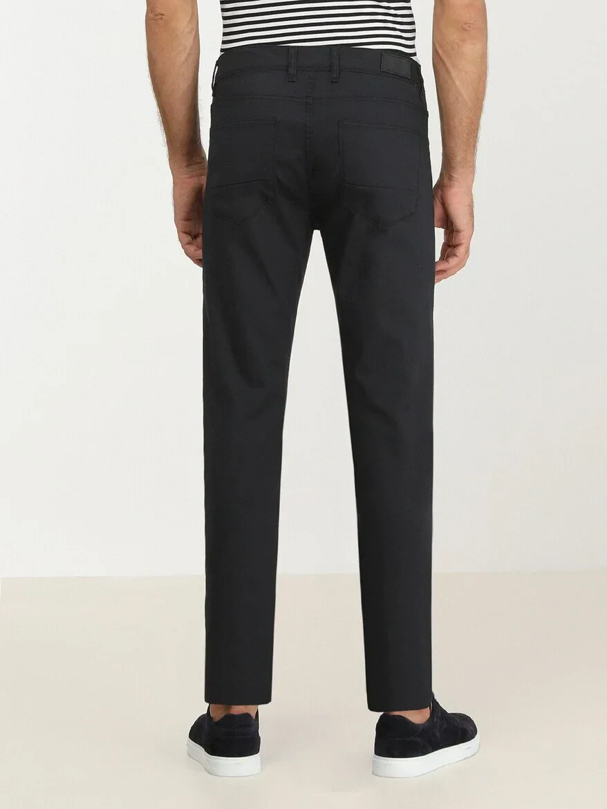 Navy Blue Weaving Fitted Fit Casual Cotton Blended Trousers - 4
