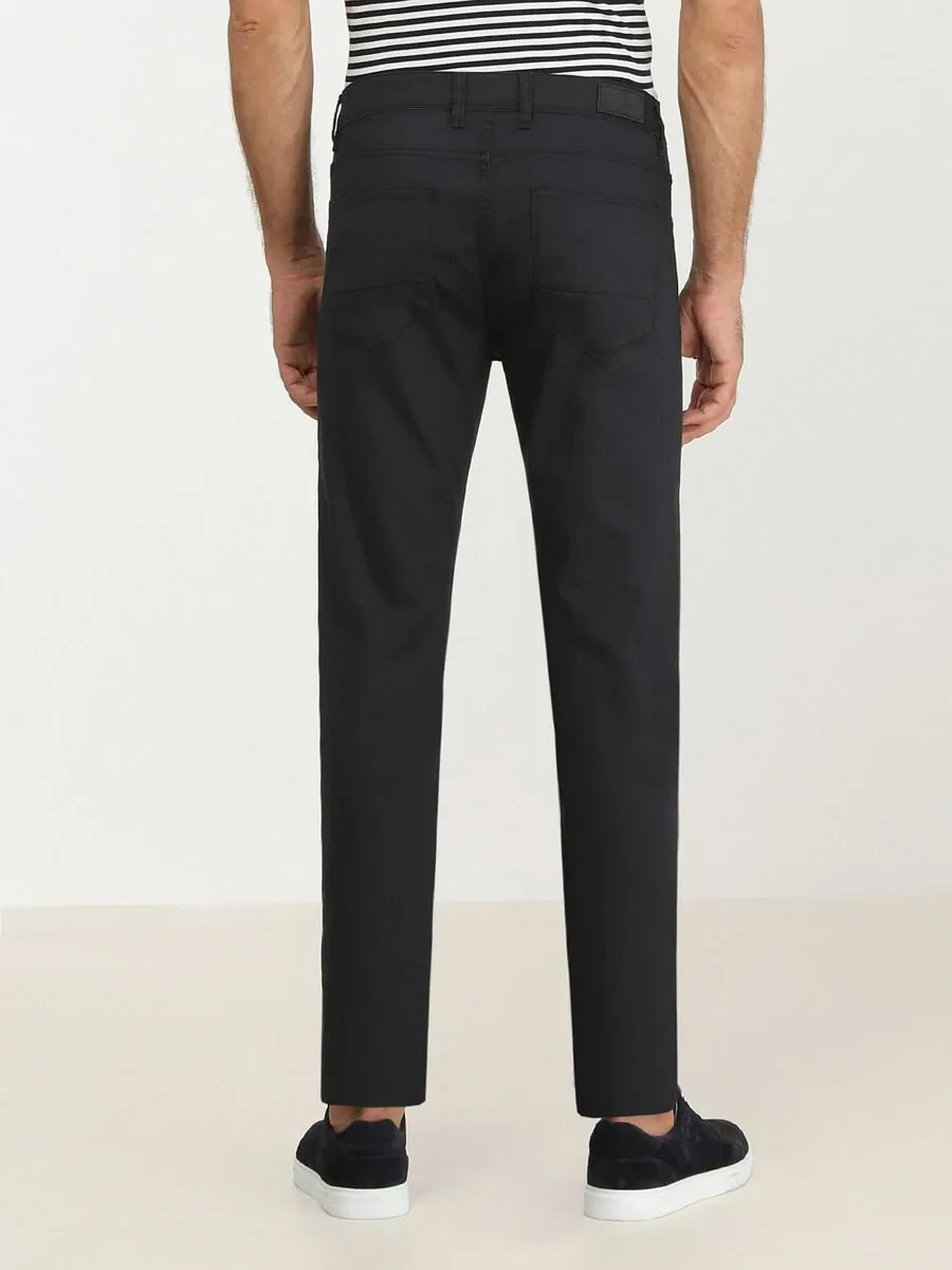 Navy Blue Weaving Fitted Fit Casual Cotton Blended Trousers - 4