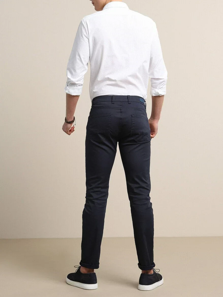Navy Blue Weaving Fitted Fit Casual Cotton Blended Trousers - KİP