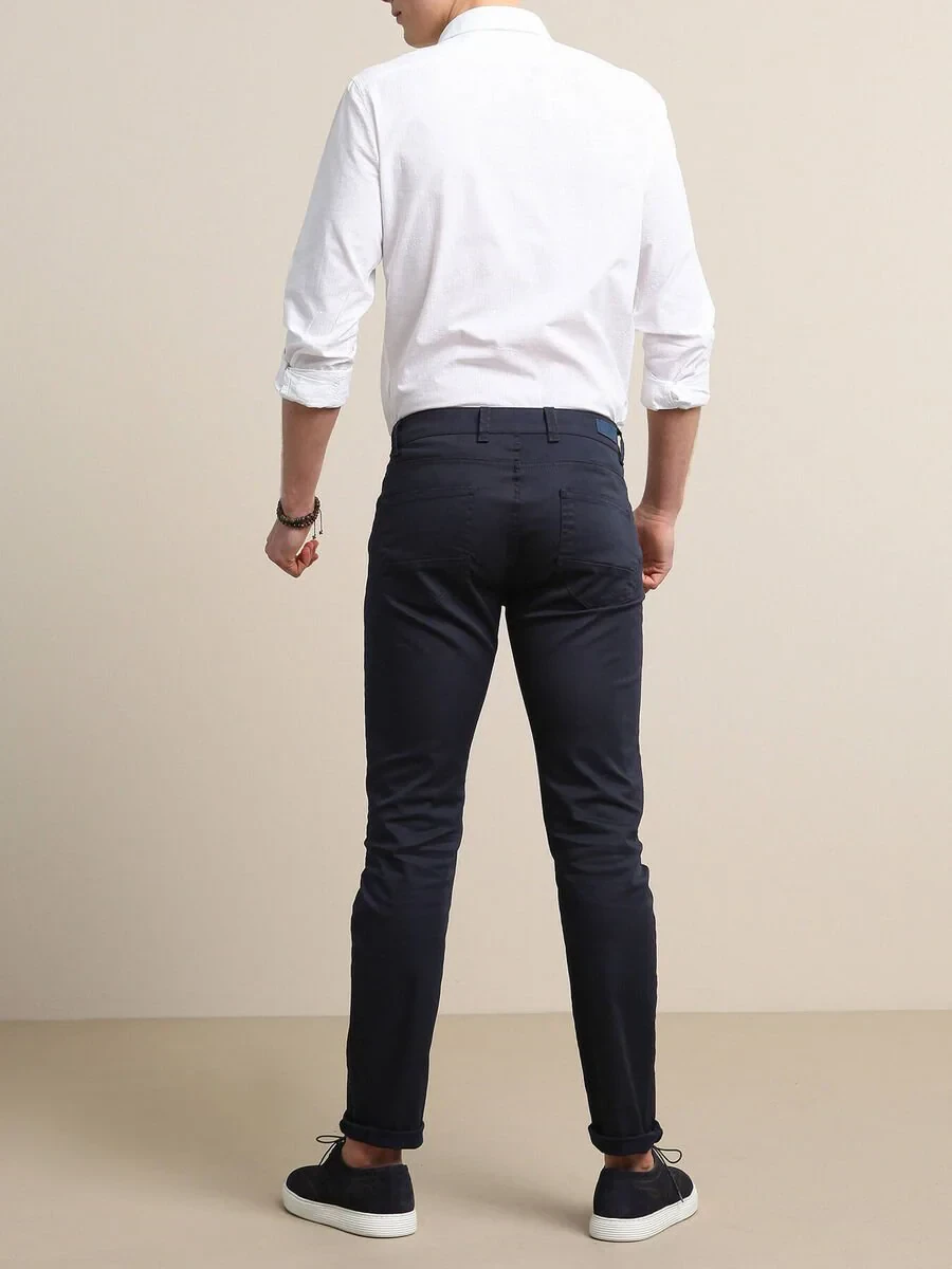 Navy Blue Weaving Fitted Fit Casual Cotton Blended Trousers - 3