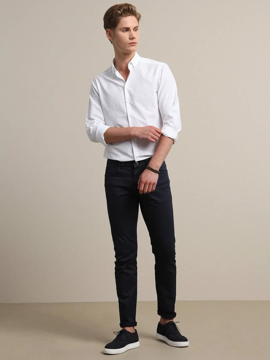 Navy Blue Weaving Fitted Fit Casual Cotton Blended Trousers 