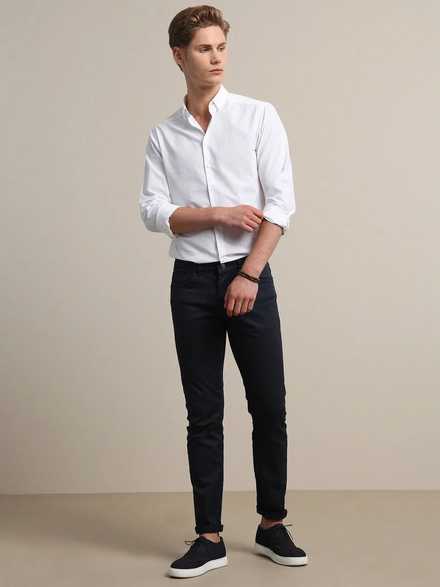 Navy Blue Weaving Fitted Fit Casual Cotton Blended Trousers - 4